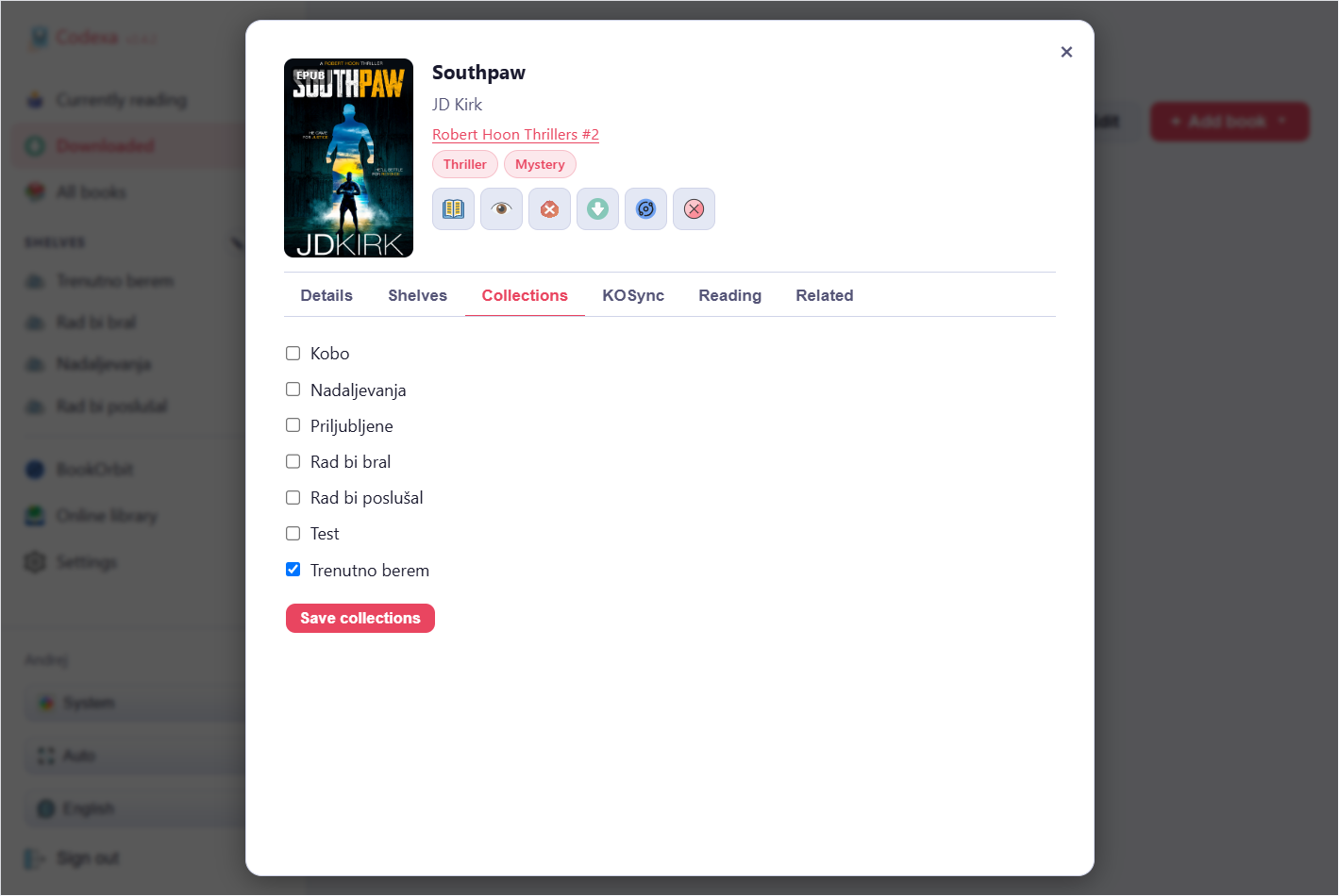 Book details dialog with collections tab