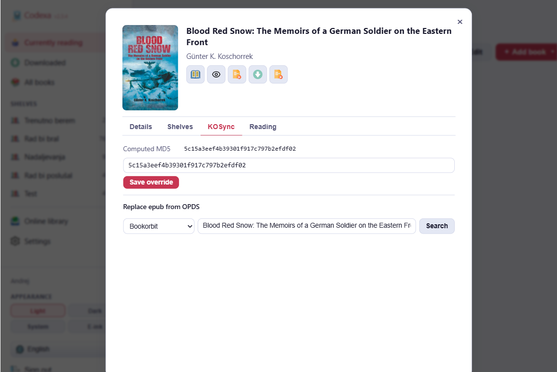 Book details dialog with KOSync tab