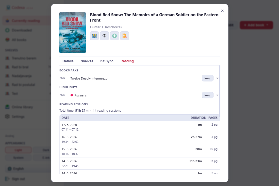 Book details dialog with Reading tab