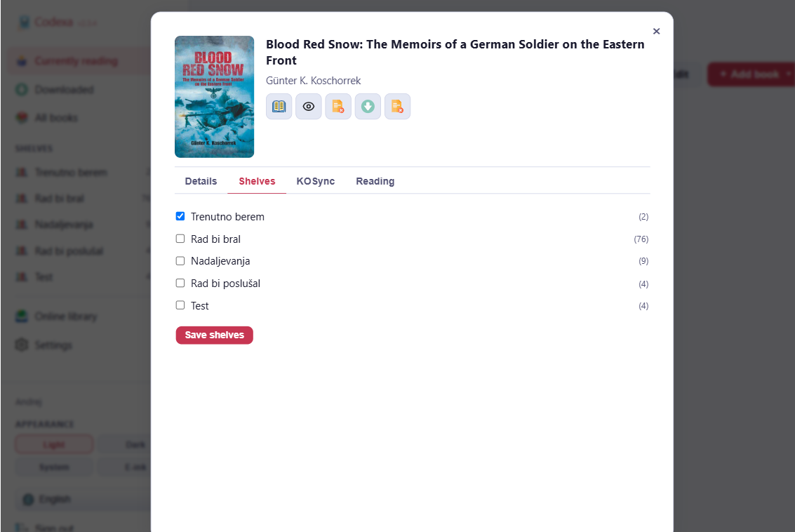 Book details dialog with shelves tab