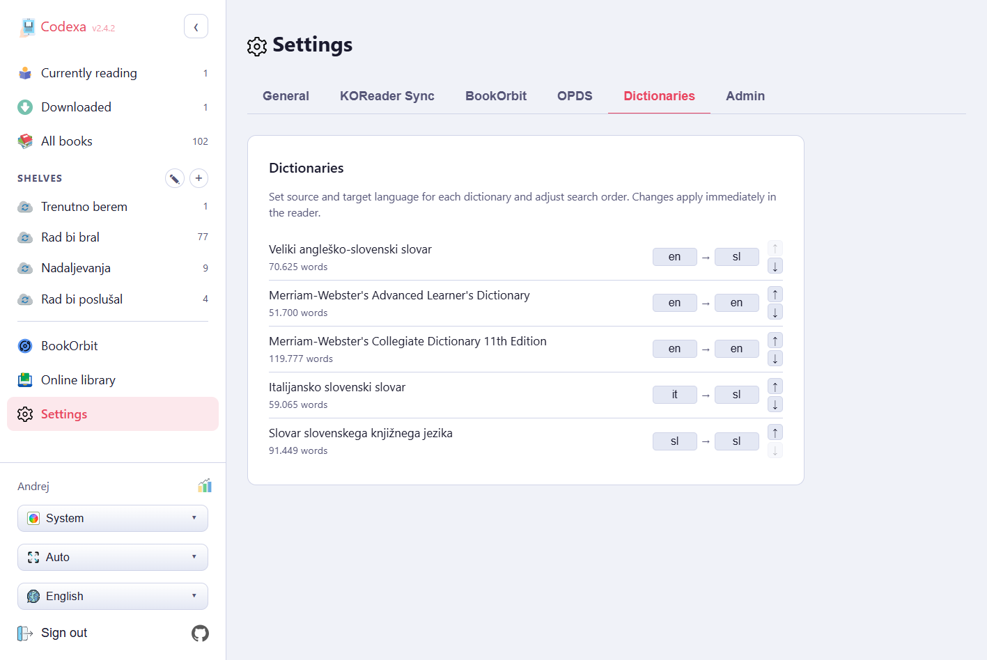 Dictionaries settings