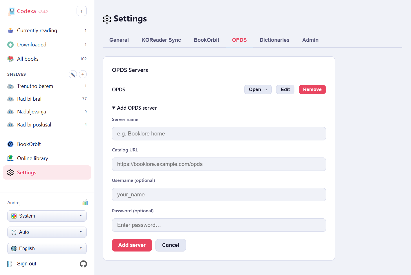 OPDS servers settings