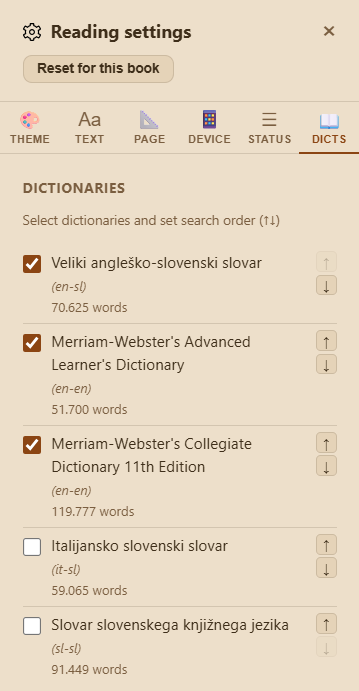 Dictionary settings