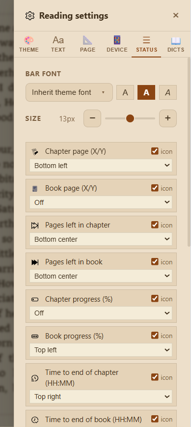 Status bar settings tab