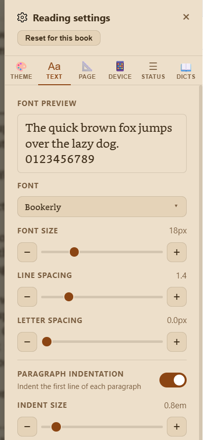 Text settings tab