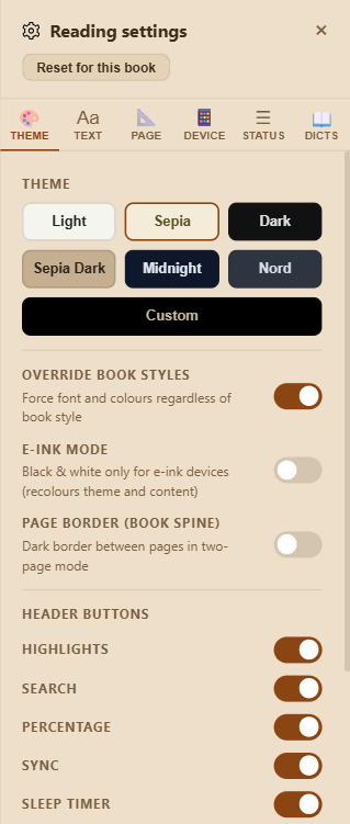 Theme settings tab