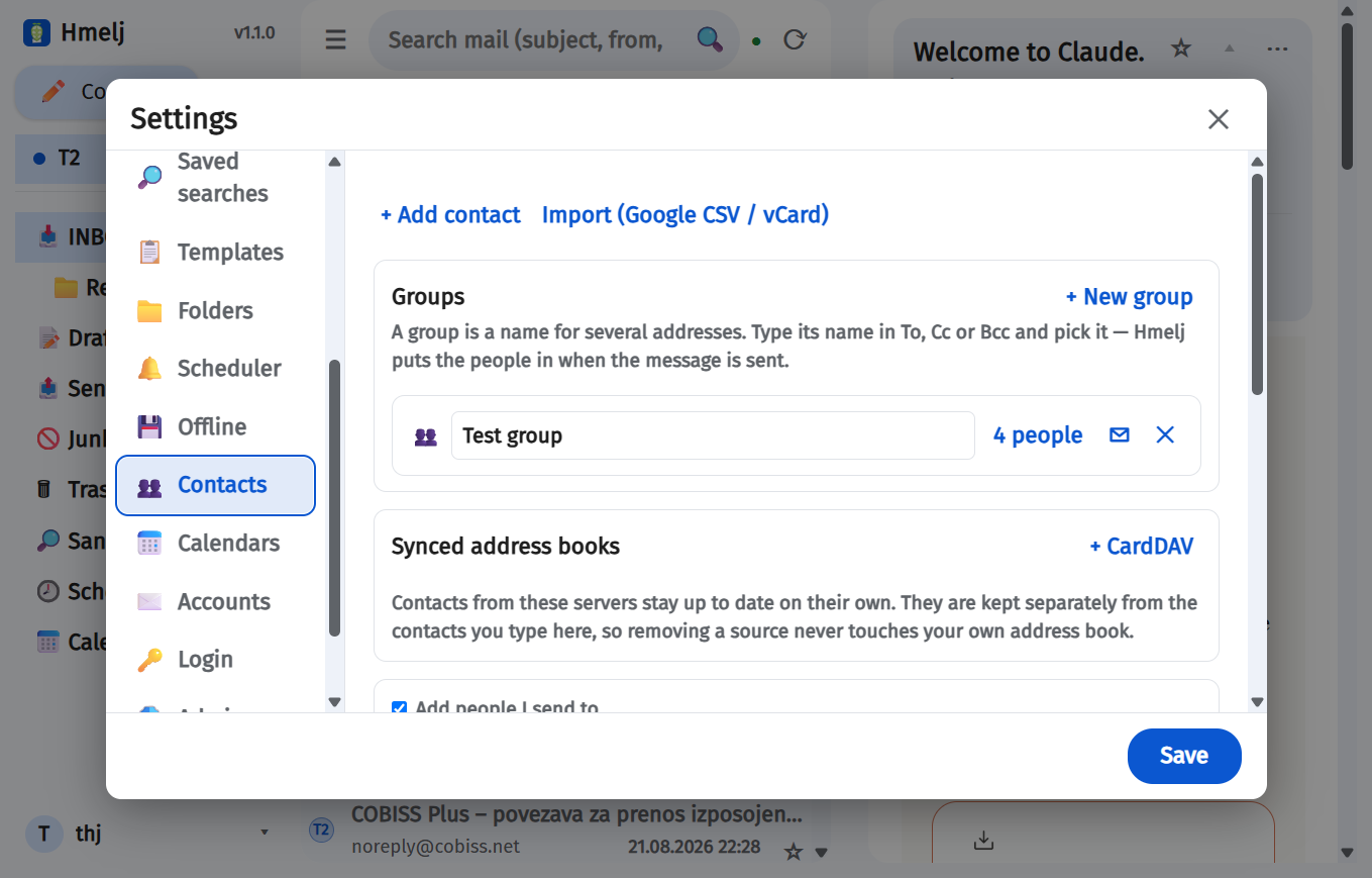 Settings → Contacts, the Groups card