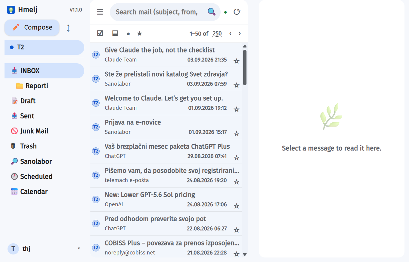 The Hmelj inbox: folder sidebar, message list and reading pane