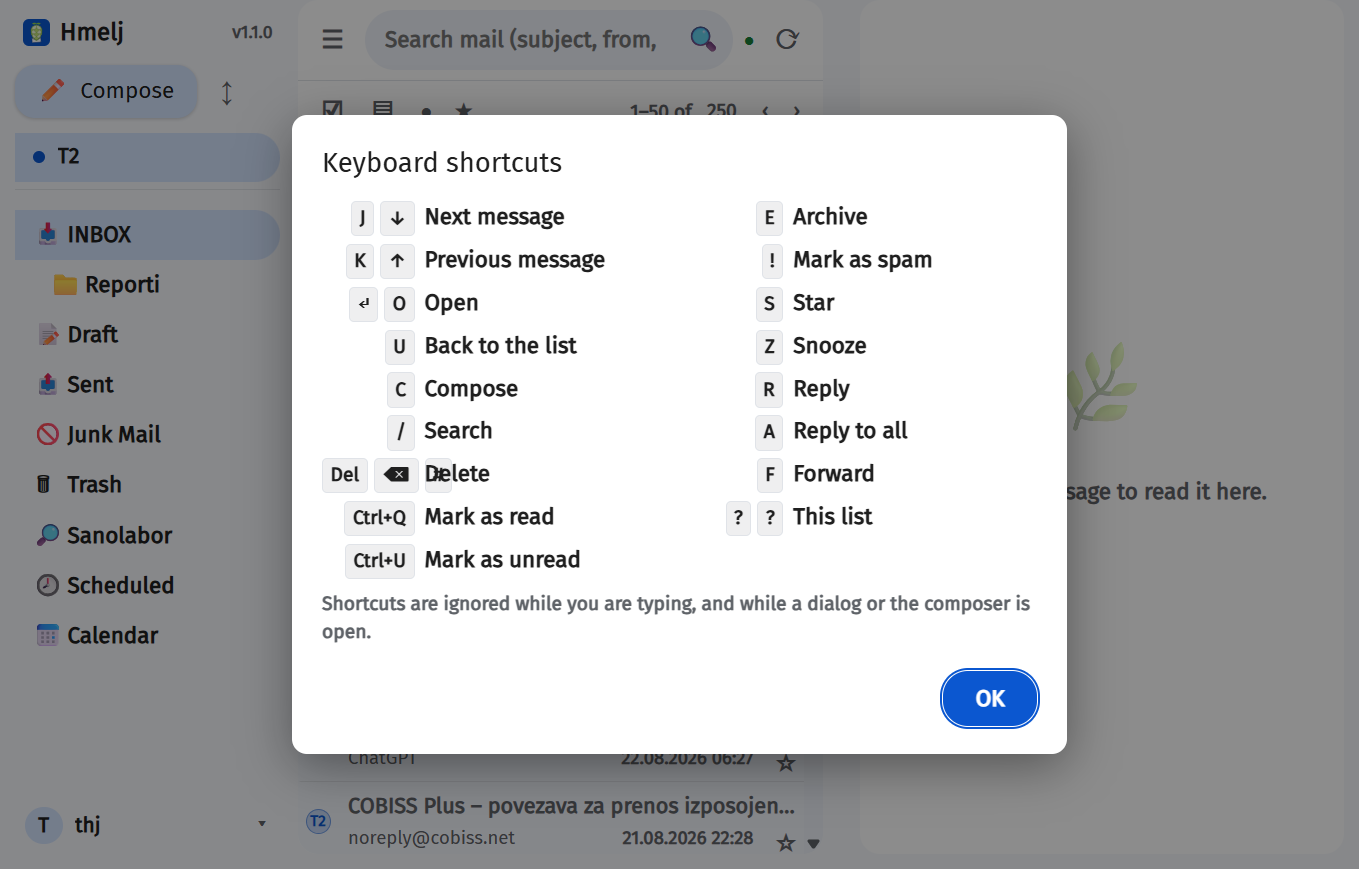 The keyboard shortcut list